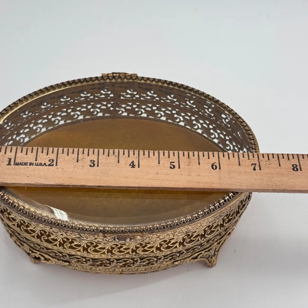Vintage Ormolu Filigree Jewelry Casket Glass Vanity Box Hollywood Regency